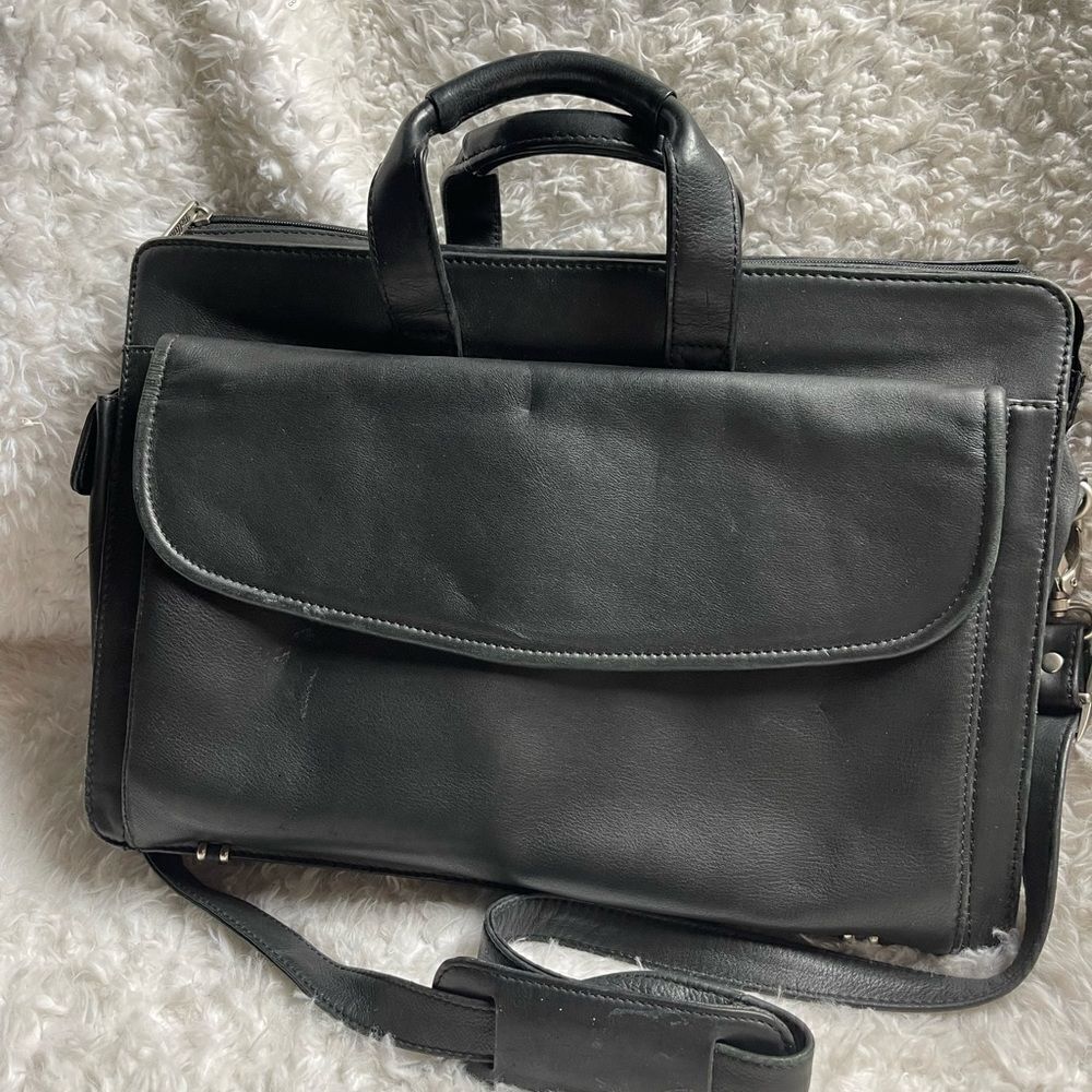 Bellino Black Soft Leather Business Office Bag Adjustable Strap